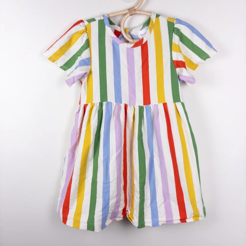 Hanna Andersson Dress Rainbow Stripe Pocket Keyhole Back Kids US 4
